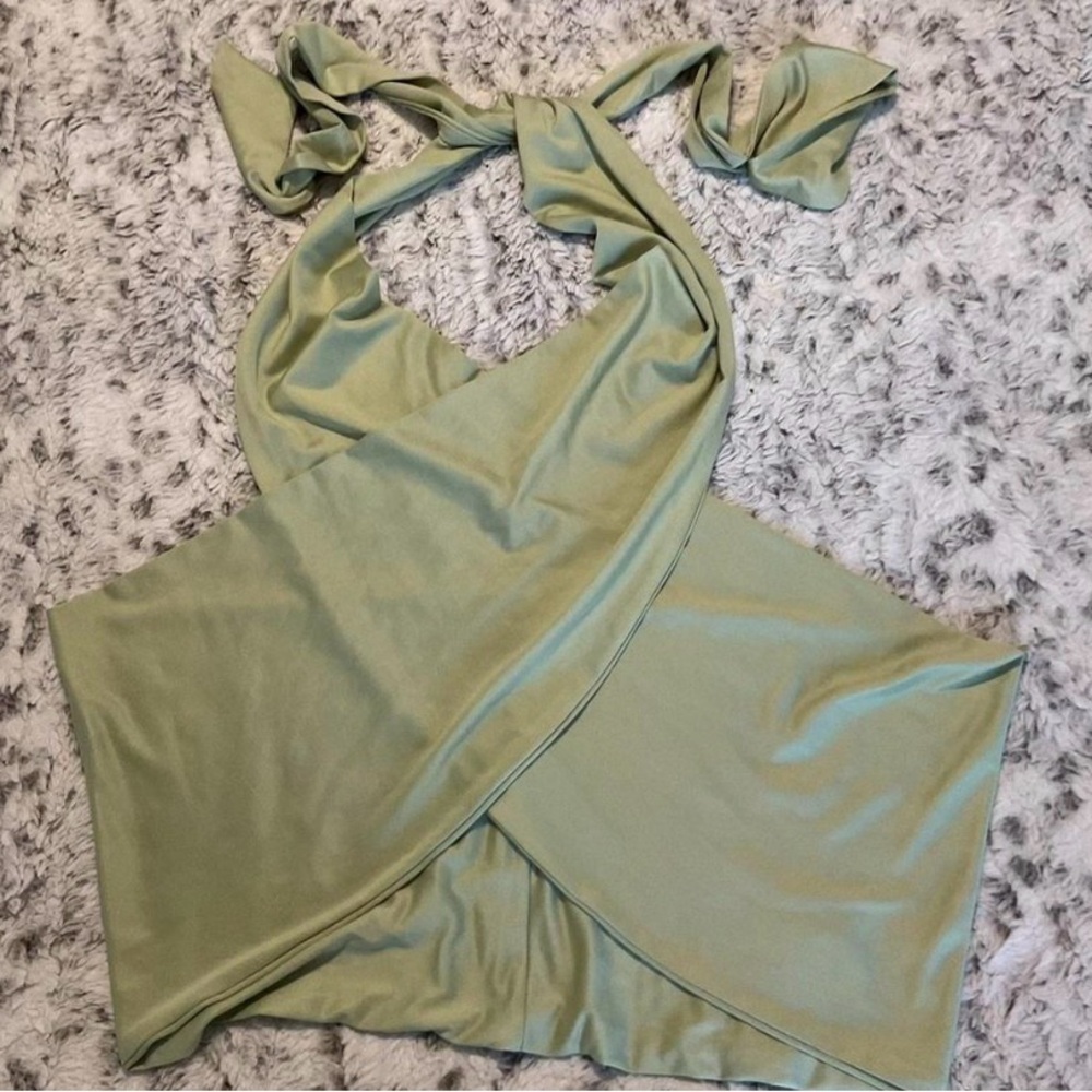 SHEIN Sage Green Wrap Halter Cami with Tie-Back